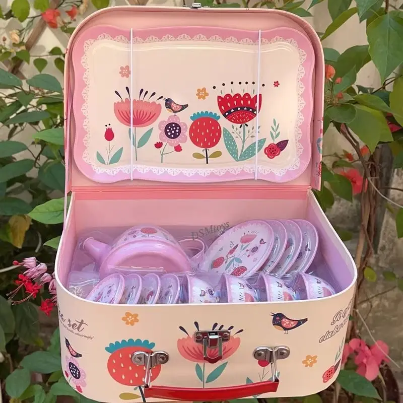 시뮬레이션 차 세트 주석 소재 티 파티 세트 장난감 식기 놀이 집 주방 오후 차 게임 장난감 어린이를위한 선물 소녀