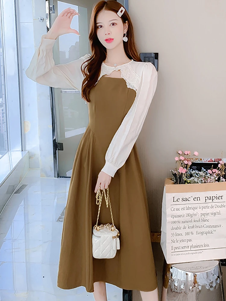 

2025 Korean Fashion Elegant Office Lady Dress Women Solid Patchwork White Long Sleeve Dress Autumn Bodycon Fake Two Piece Dress
