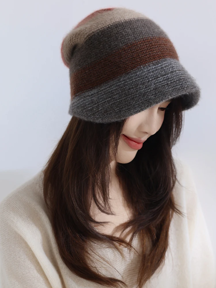 

Autumn Winter Versatile Hats 100% Cashmere Hat Women Elastic Duckbill Cap Warm Beanies Leisure Stacked Cap Knit Outdoor Headgear