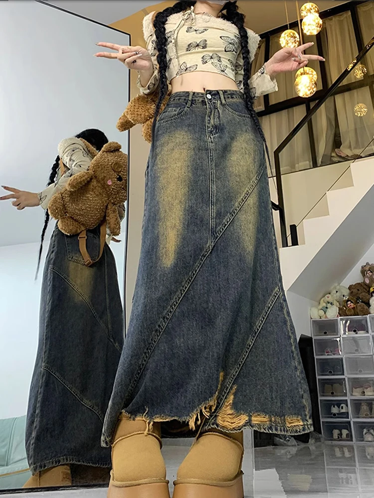 

Chic Designed High Waist Solid Color A-line Denim Ripped Skirt Women Spring Autumn Y2K Vintage Temperament Fashion Long Faldas