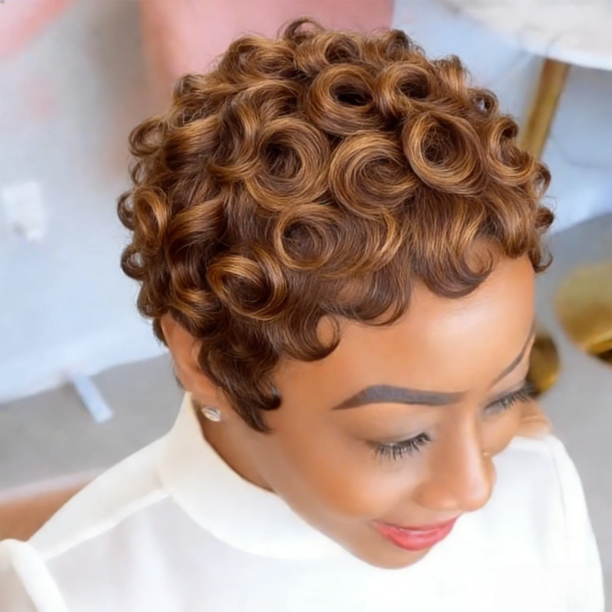 

Парики с стрижкой пикси для женщин, вьющиеся человеческие волосы, короткие парики с челкой, полный машинный парик для женщин