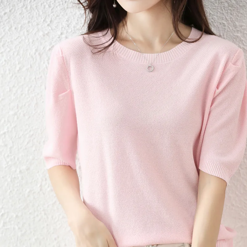 صيف جديد نصف كم المرأة المحكمة فقاعة كم جولة الرقبة الحرير الجليد تريكو قصيرة الأكمام تي شيرت