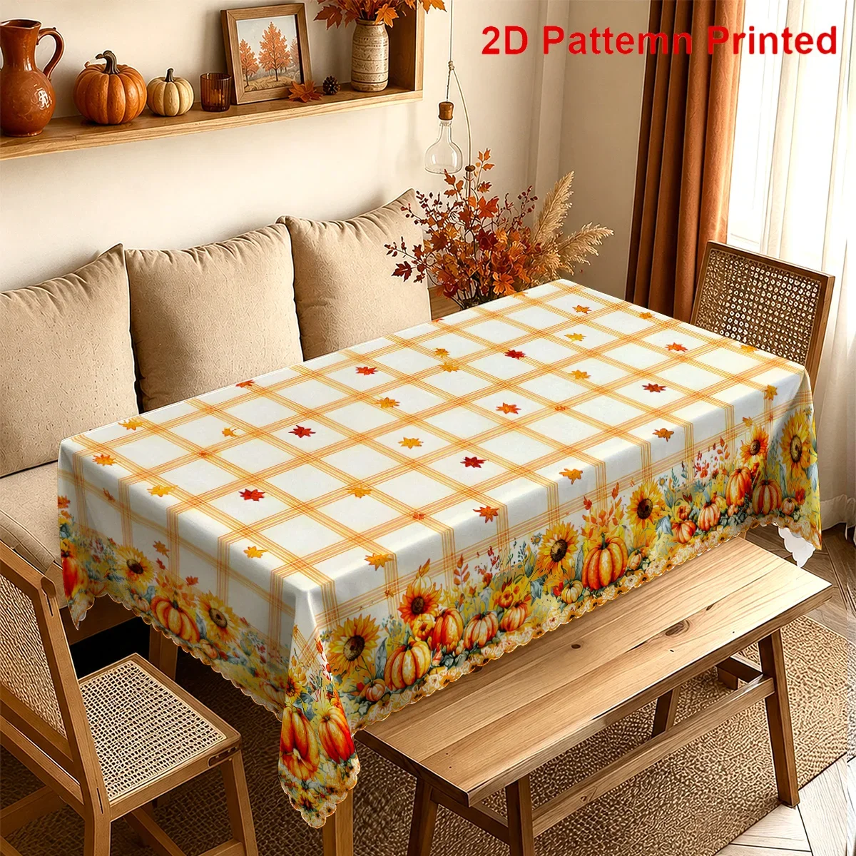 One orange and white checkered sunflower pumpkin maple leaf floral autumn rectangular tableclothxzj