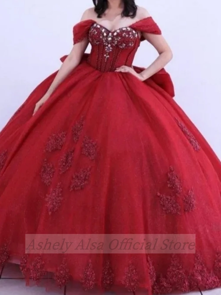 AQ129 Aangepaste Rode Prinses Quinceanera Jurken Off Schouder Crystal 15e Meisje Verjaardagsfeestje Jurk Prom Gown Vestido De 16 14