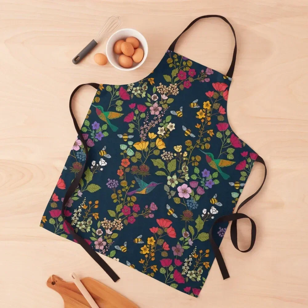 

Hummingbirds and Bees Deep Blue Garden Floral Apron Camping For Woman Cute Kitchen Apron