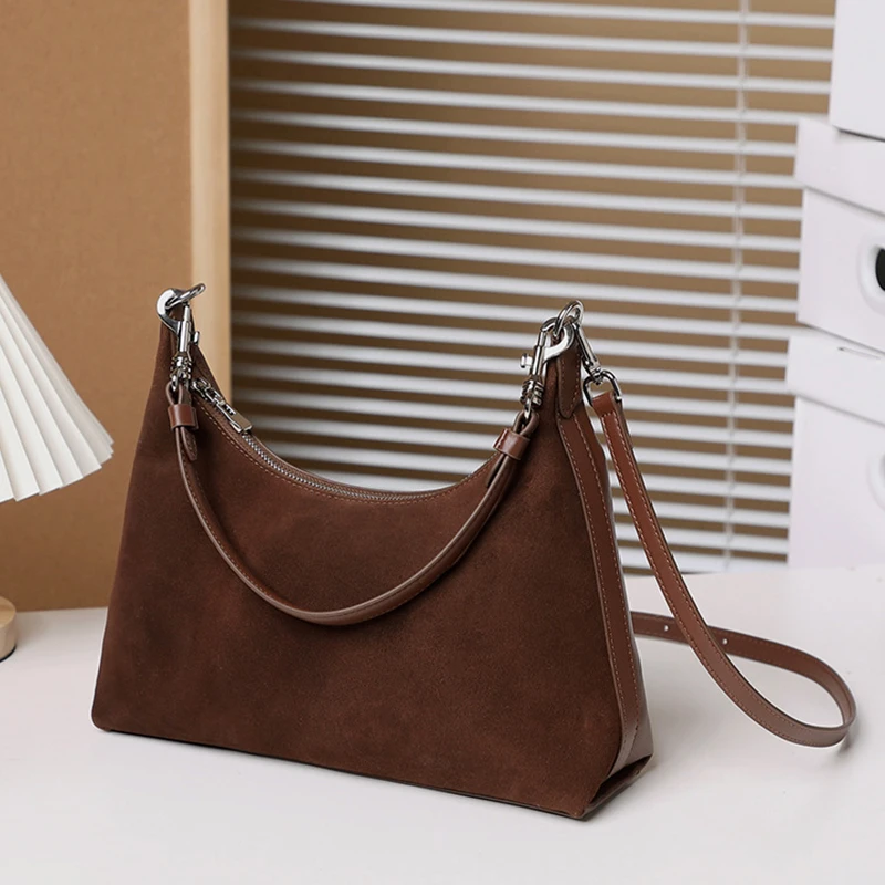 

Retro Genuine Leather Suede Handbag Cowhide Women's Underarm Shoulder Crossbody Bag For Ladies Velvety Bag Luxury Designer Bags