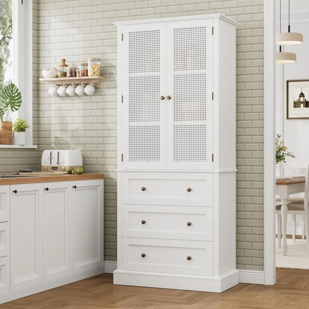 

73" Tall Kitchen Pantry, Rattan Doors Pantry Cabinet with 3 Drawers and Adjustable Shelf, Large Wood Storage Cabinet, Rustic Woo