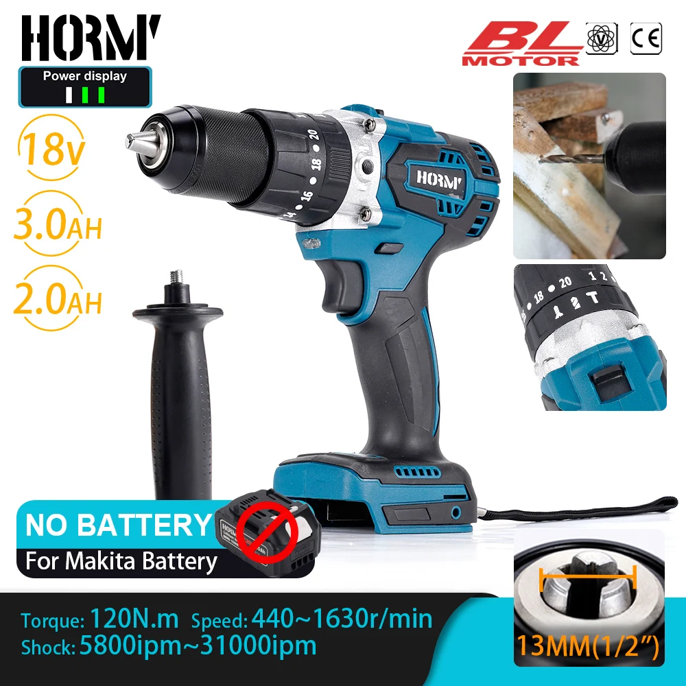 Hormy 120N. m Brushless Multifunctional Drill Without Battery Dual Speed Electric Screwdriver Compatible For Makita18V Battery