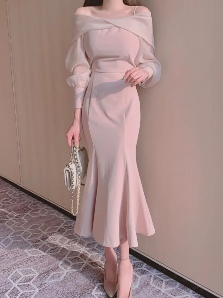 Women Elegant Temperament Fishtail Dress Korean Chic Off-shoulder Slash Neck Long Sleeve Mesh Robes Slim Mermaid Midi Vestidos