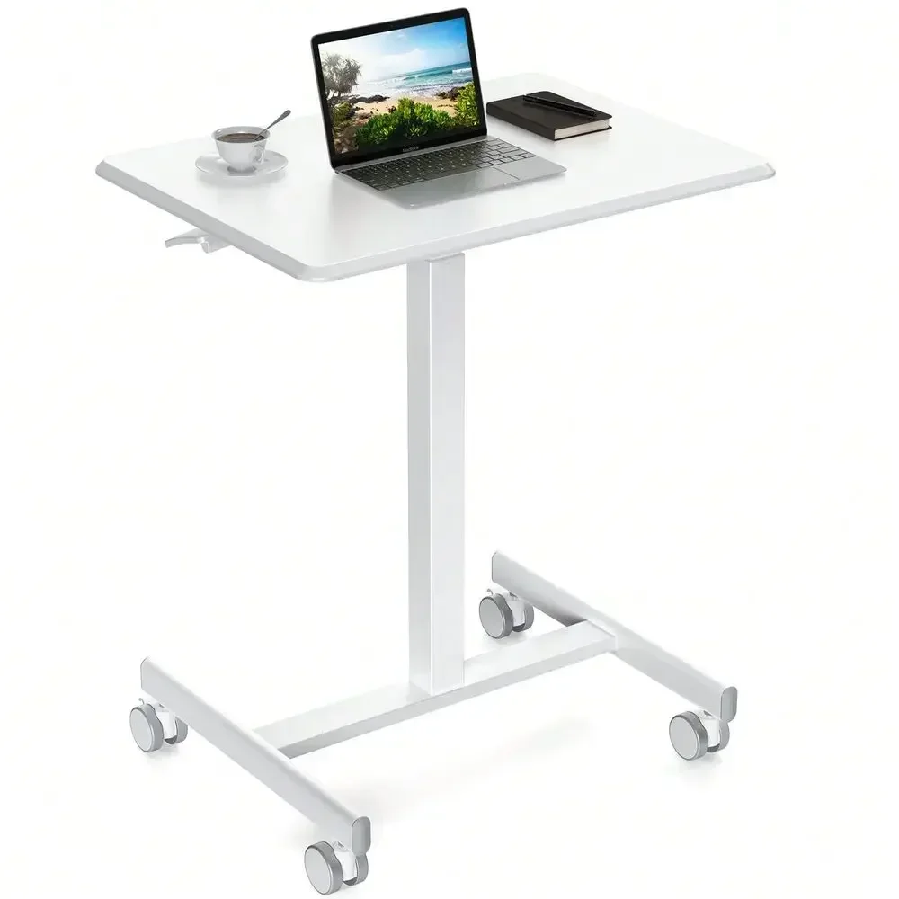 Desk,Lockable Wheels Adjustable Height, Mobile Computer Workstation For Home Office Classroom, Modern White