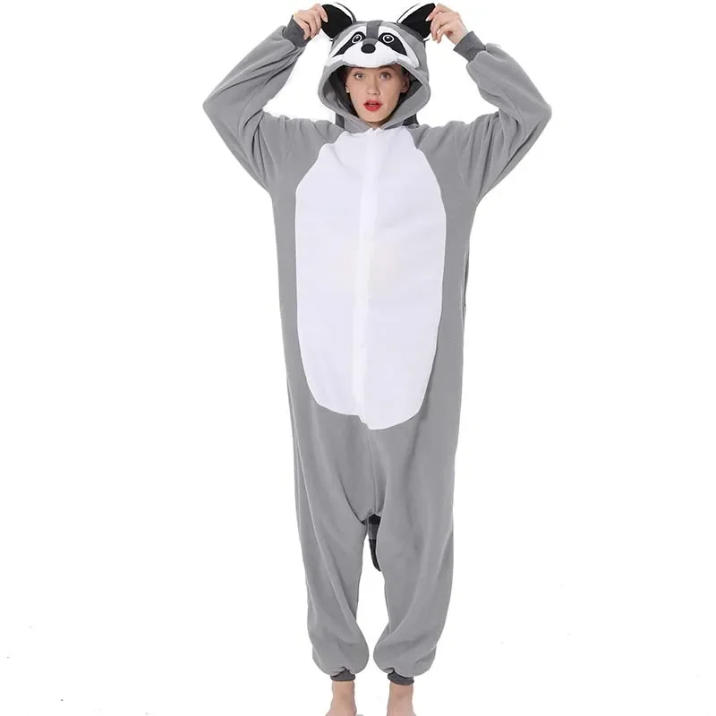 New Raccoon Pajamas Fleece Women Anime Kigurumi Onesies For Adults One-Piece Pijama Men Sleepwear Bodysuit Cosplay Costume Suit