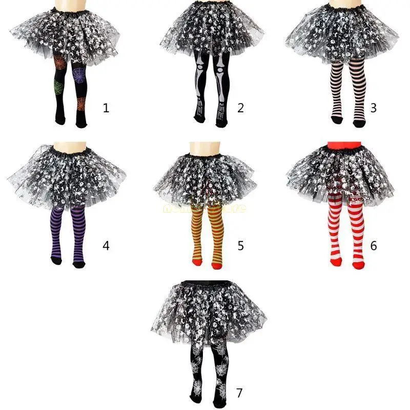 31BF Girls Halloween Panty Kousen Cartoon SpiderWeb Skelet Striped Pantyhose