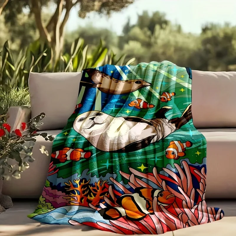 

1pc Sea Otter & Clownfish Underwater Scene Camping Blanket - Soft Flannel Anti-Tear Thick Knit All-Season Outdoor Blanket for Be