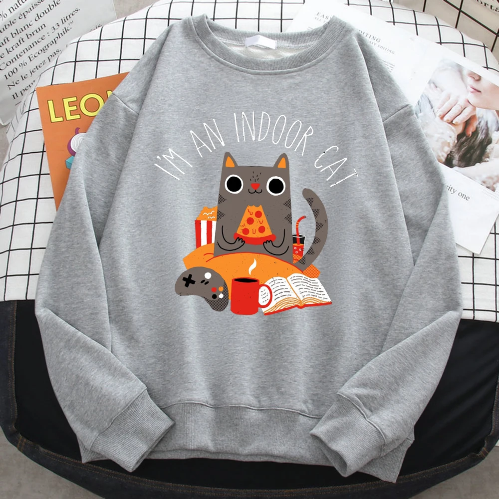 Street Women Sweatshirts Cat Sitting And Eating Pizza Printing Hoodies Comfortable All-Math Pullover Crewneck Loose Female Tops