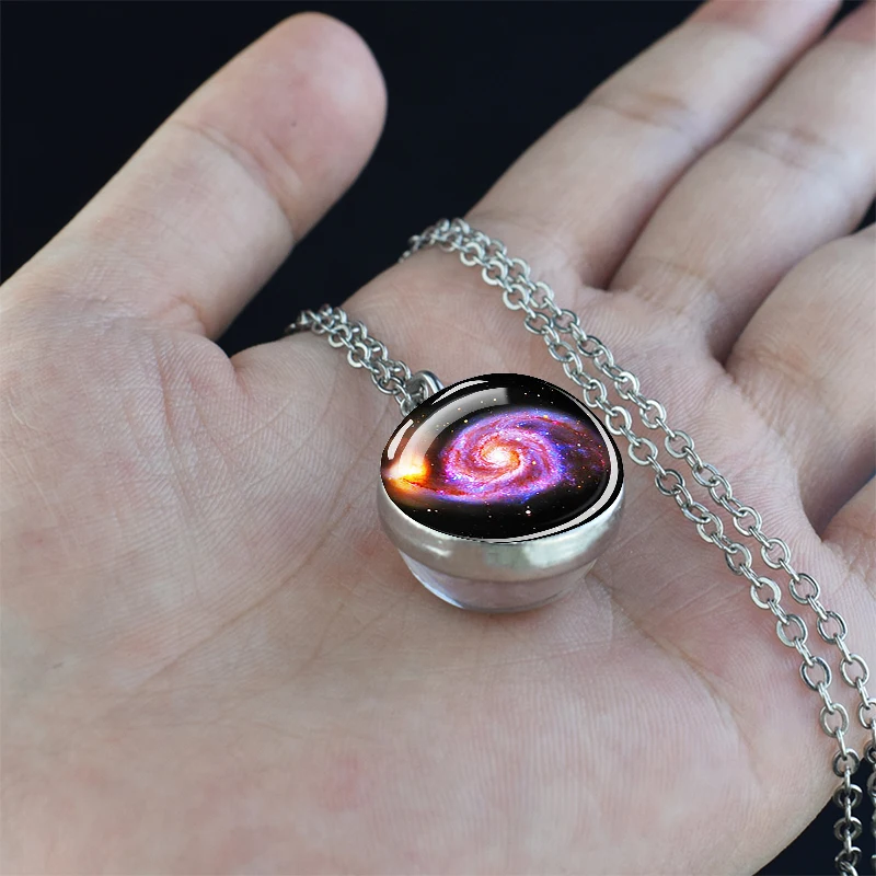 Planet Aurora Necklaces Color Nebula Star Moon Two-Side Glass Ball Pendant Necklace for Women Men Space Astronomy Jewelry Gift