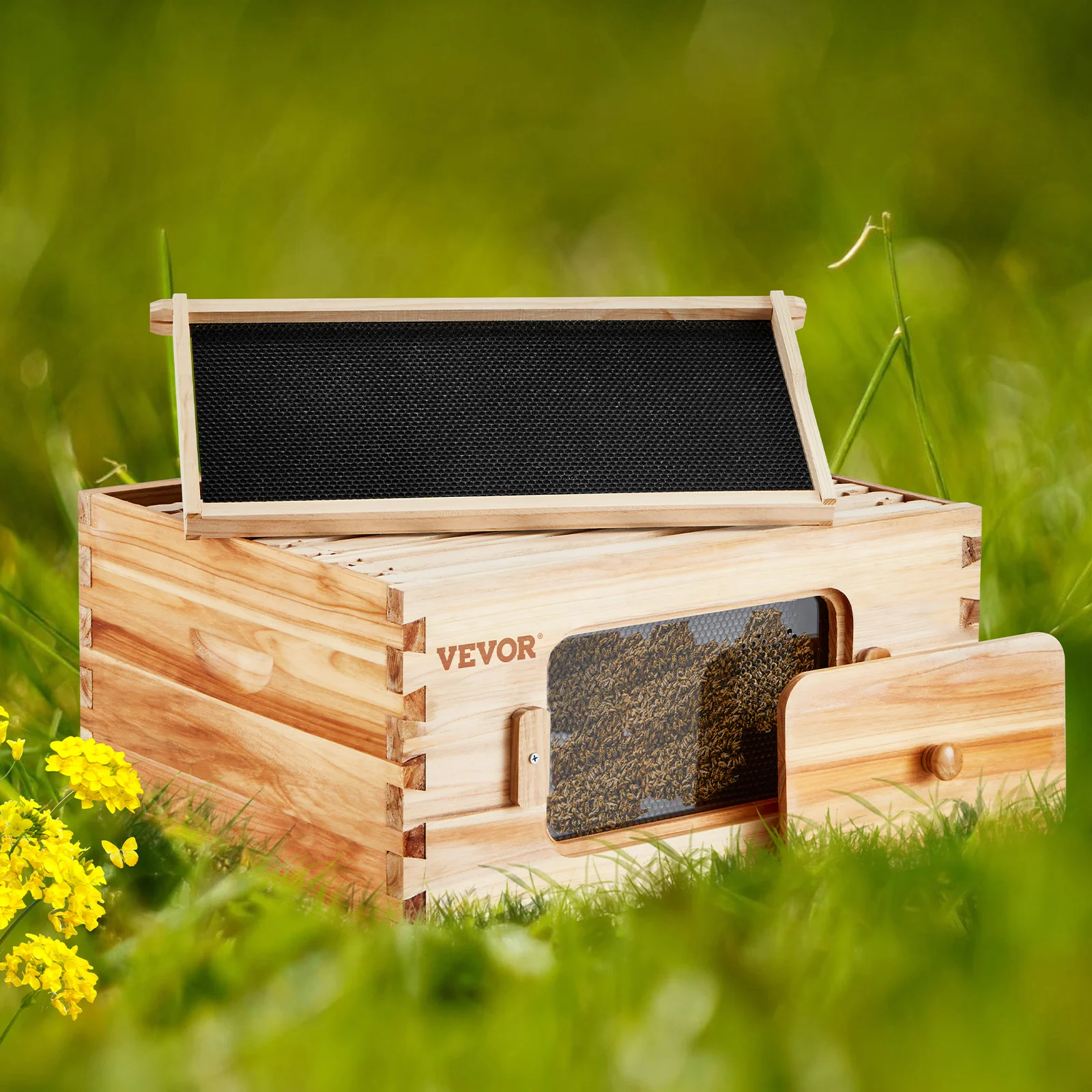 

VEVOR Bee Hive Deep Box Starter Kit 100% Beeswax Coated Natural Cedar Wood Langstroth Beehive Kit Transparent Acrylic