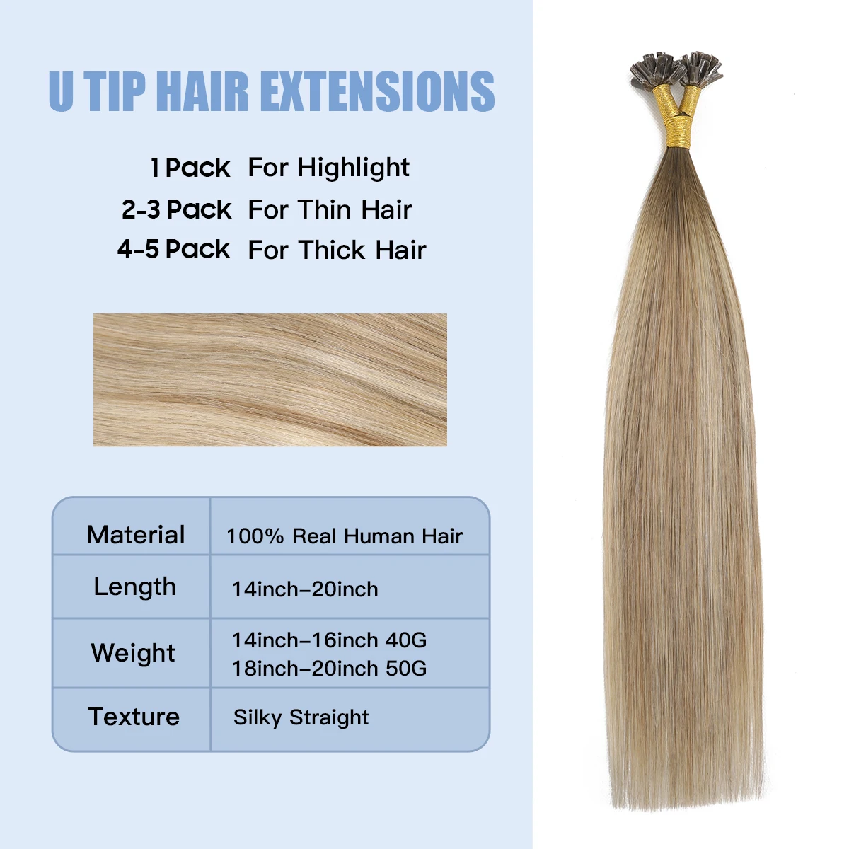 XDhair-Extensions de Cheveux Humains U Tip, Balayage Ombre Brochure, Brun à Brune et Blonde Agaçante, 50 Brins, 40g, 50g