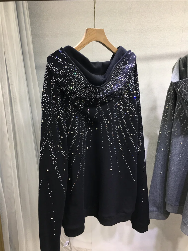 Fashion Rhinestone Jacket For Women's Loose Mid-Length Slimming Oversized Cardigan Cotton Coat Autumn Winter Long Sleeves Hoodie - Image 2