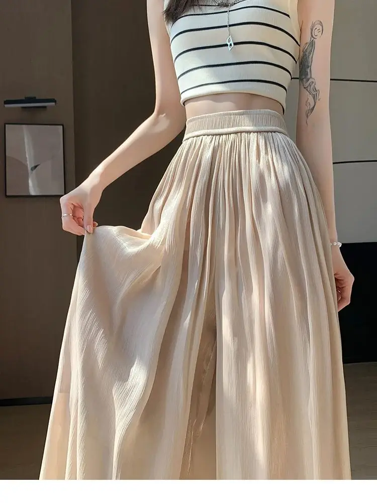 

Skirt Pants Women Soild A Line Elastic Waist Maxi Pleated Satin Skirts Ladies Streetwear Summer Bottoms