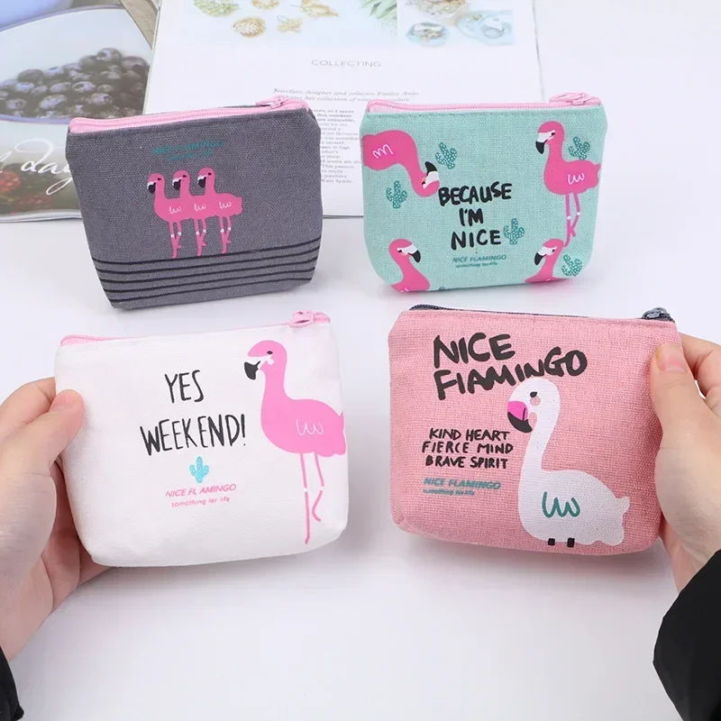 Korean Square Flamingo Coin Pouch Money Bags Small Canvas Fabric Change Wallet Cute Cartoon Coin Purse Keys Earphone Storage Bag