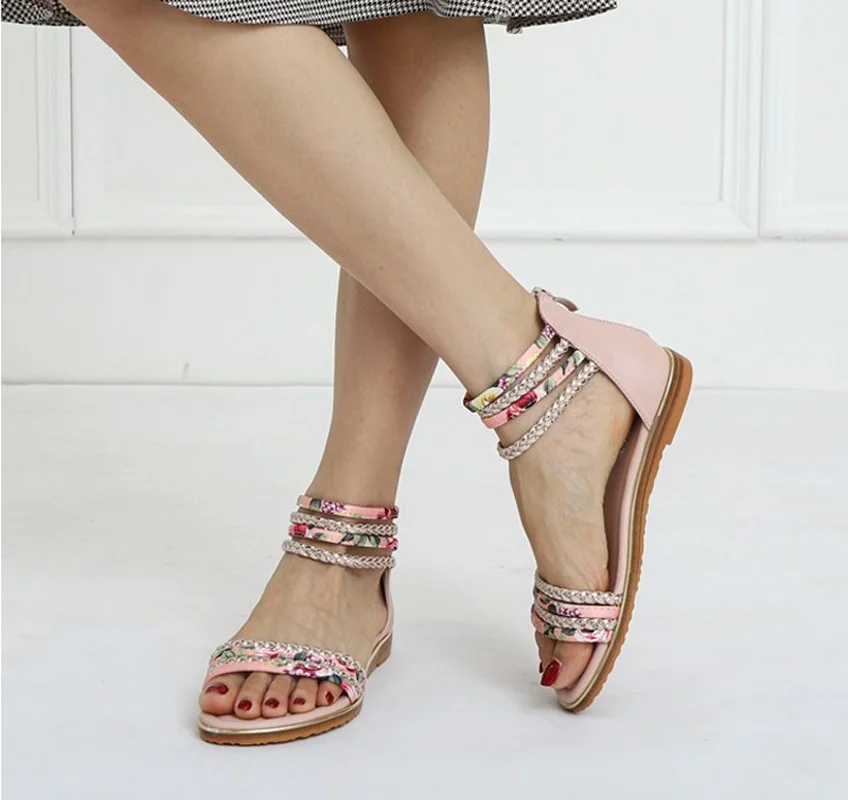 Summer Women Flats Shoes Bohemian Roman Style Flat Back Zipper Splicing Printing Skirt Female Sandals Holiday Beach Sandalias