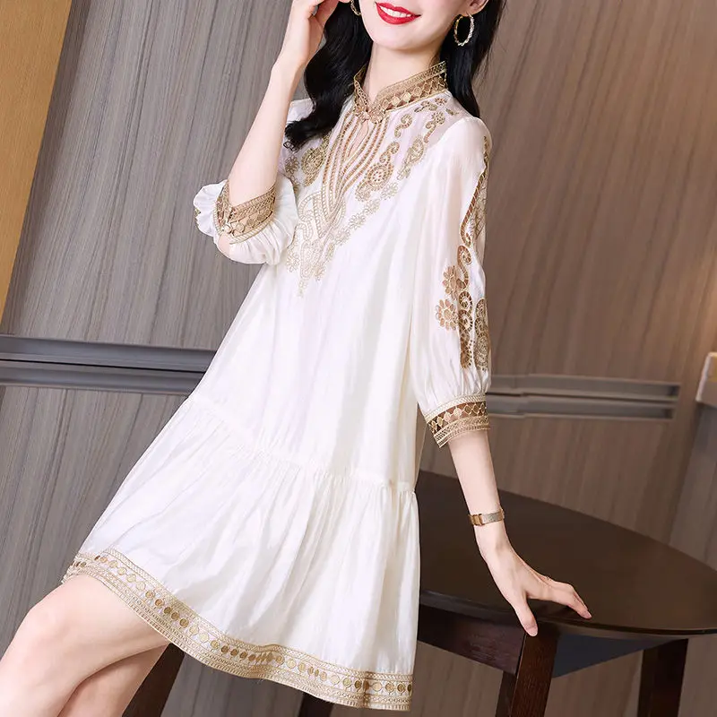 Summer New Hollow Out Fashion Embroidery Fairy Dress Women's Clothing Half Sleeve Loose Solid Color Elegant Vintage Mini Dresses