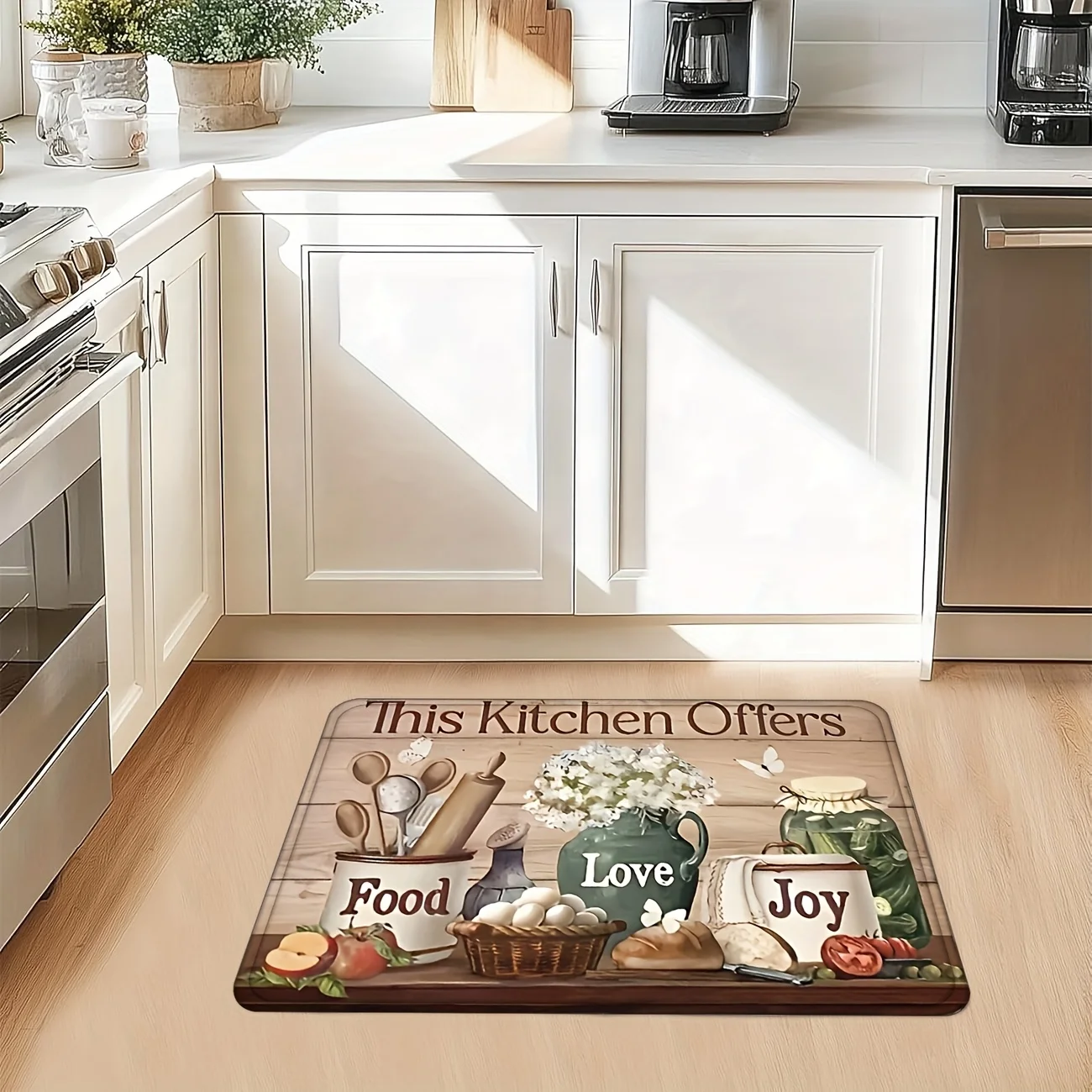 Rustic Farmhouse Kitchen Entry Mat Retro Wood Background Food Love Joy Letter Kitchenware Fresh Fruit Floral Pattern  Doormat
