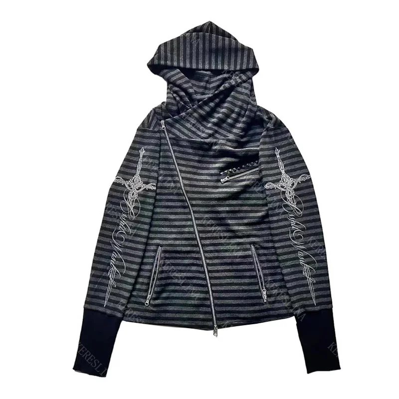 

Женская толстовка с капюшоном в стиле Y2K: полосатый узор, эмо-стиль, ретро-шик Харадзюку, панк-дэт, с меховым воротником, уличный стиль