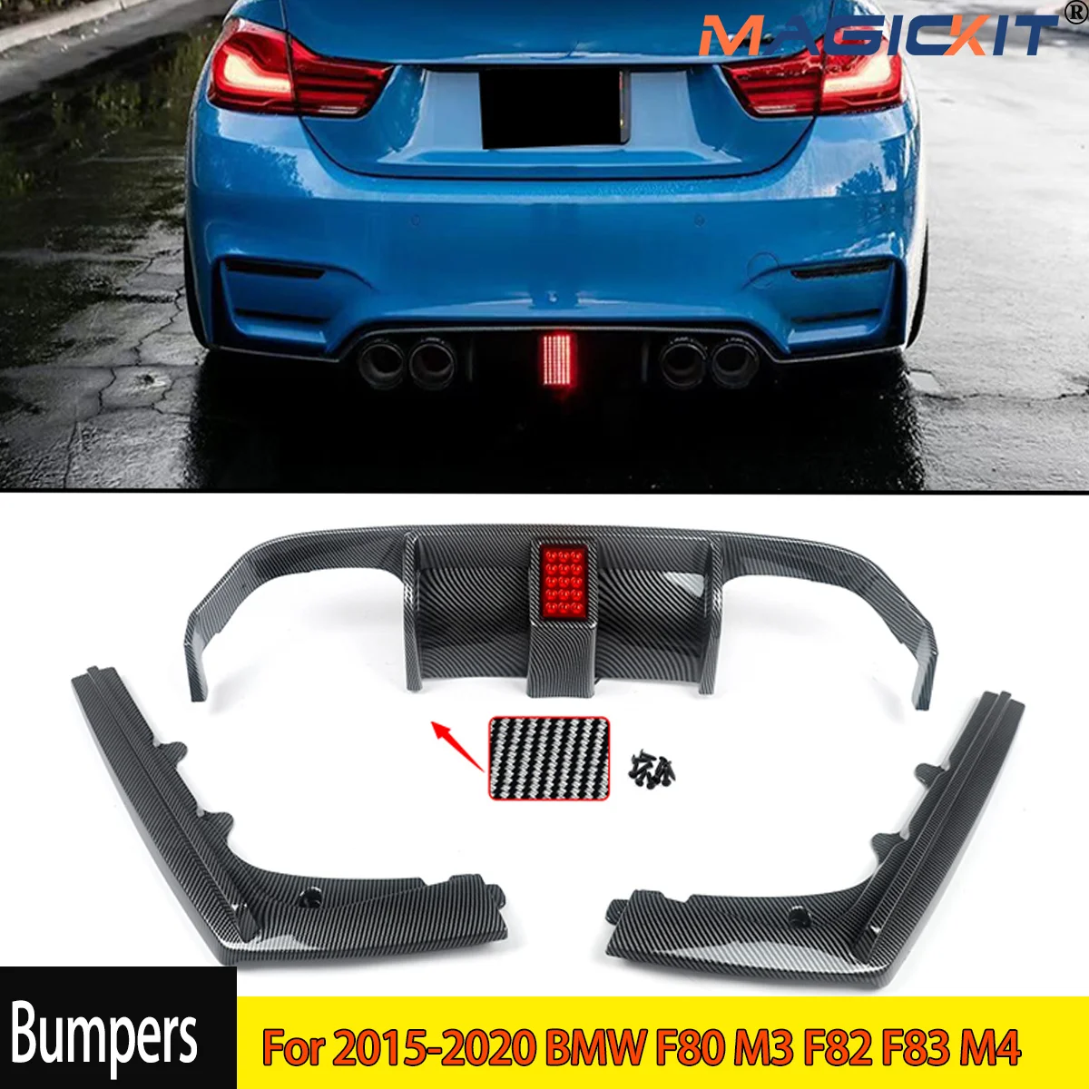 Carbon Fiber Look Rear Diffuser Lip W/Light For 2015-2020 BMW F80 M3 F82 F83 M4