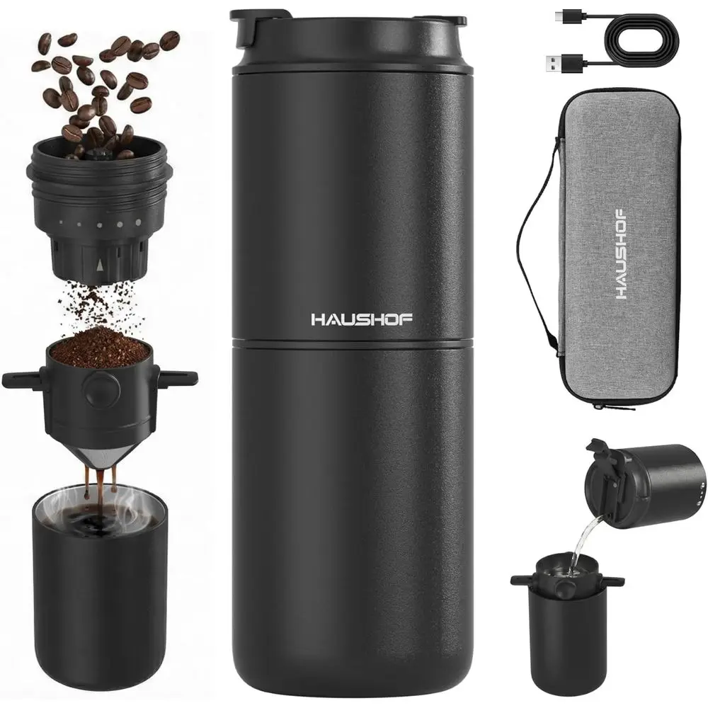 

Portable Pour-Over Coffee Maker with Electric Grinder and Insulated Mug for Travel, Camping, and Car Use