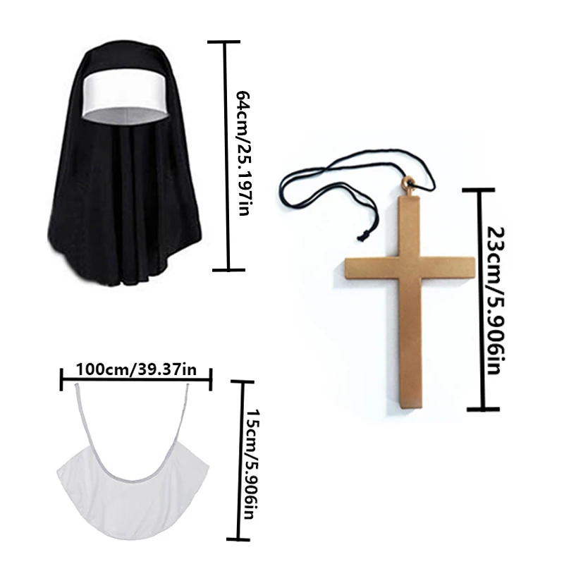 Acessórios de fantasia de festa de terror, fantasia de freira de filme de terror, roupa de freira preta Valak, colar de cruz de sacerdote conjunto de festa de três peças