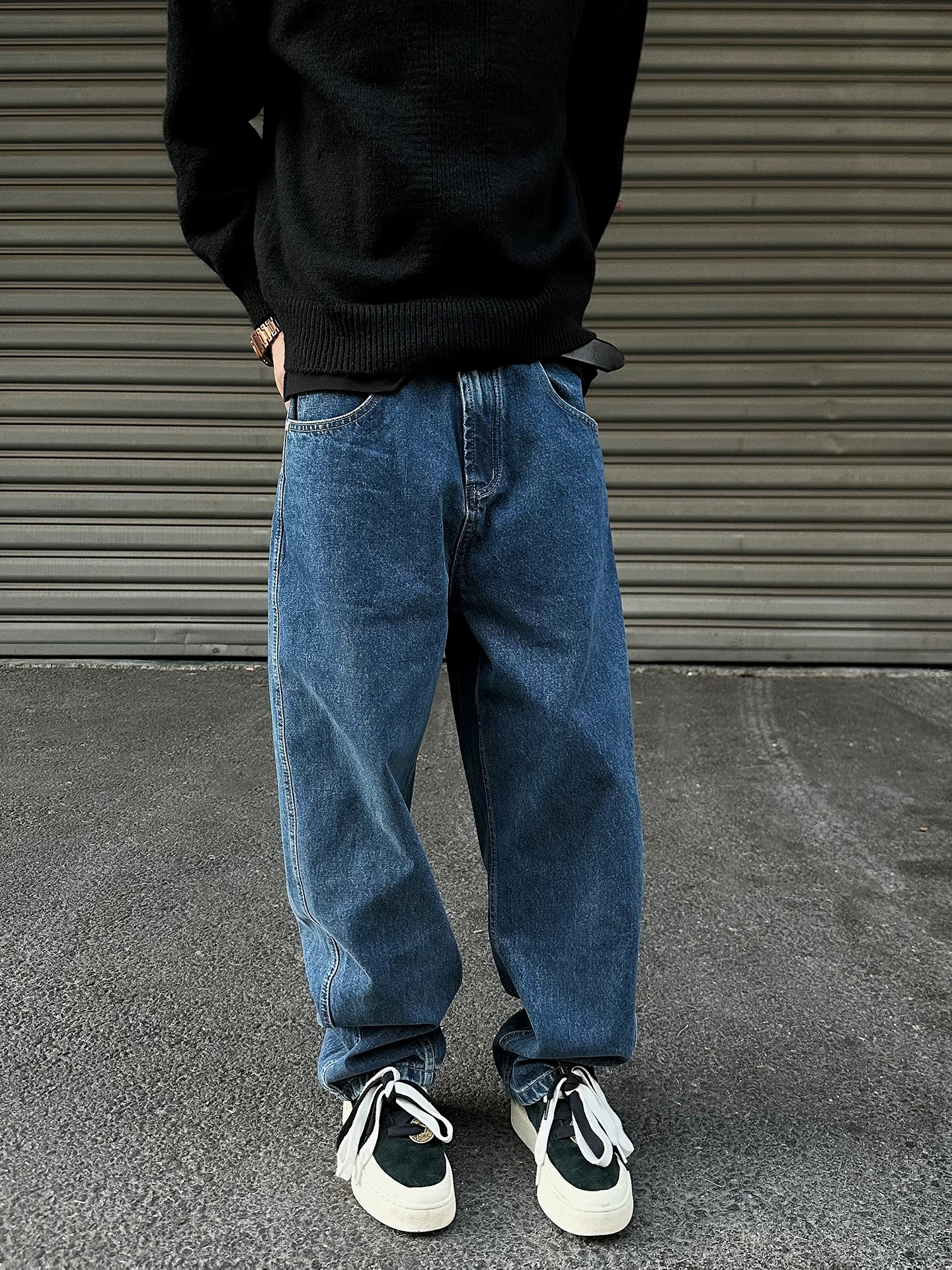 Calças Jeans Unissex de Algodão Lavado Vintage de Alta Gramatura com Corte Reto para Homens e Mulheres, Cor Azul Profundo, Us...