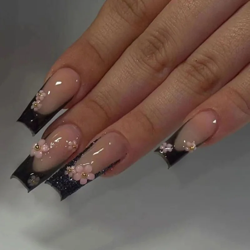 

24pcs Long Ballet French Black Press on Nails Pink Peach Blossom Simple Short Nails Full Cover Wearable False Nails