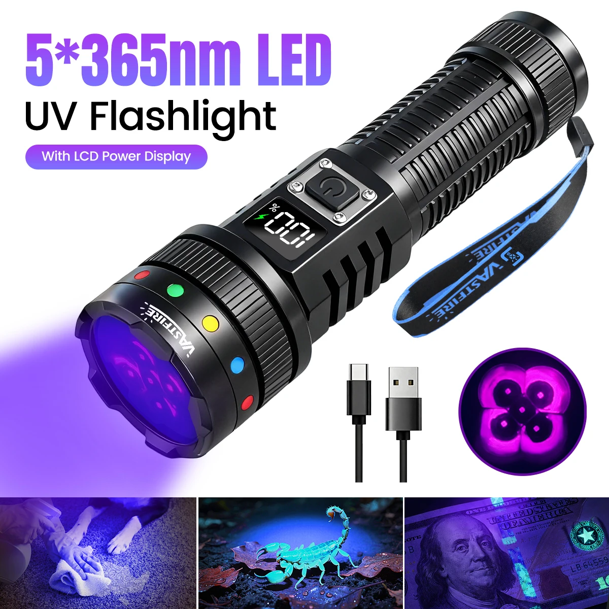 Torcia UV 365nm ricaricabile tramite USB-C con display LCD, torcia a luce nera per rilevare urina di animali domestici, polimerizzazione resina e controllo valuta, torcia UV, luce nera, disponibile in