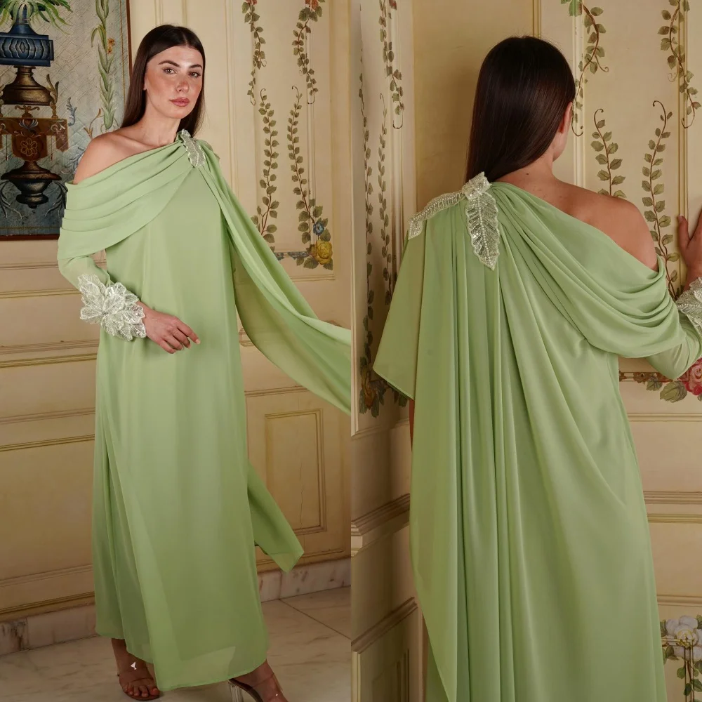 Jiayigong-Robe de Soirée Trapèze en Mousseline de Soie, Vêtement à Épaules Dénudées, de Haute Qualité, avec Perles, Drapée, pour Occasions de Fiançailles, sur Mesure