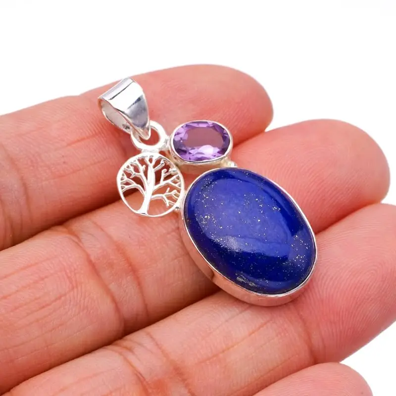 StarGems® Natural Lapis Lazuli Amethyst TreeHandmade 925 Sterling Silver Pendant 1.5