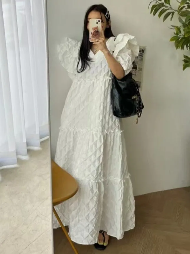 

Long Vintage Dr with Lace Trim V Ne Lantern Sve Pure Color Spring Autumn Faion Ele Sle Women's Clothing