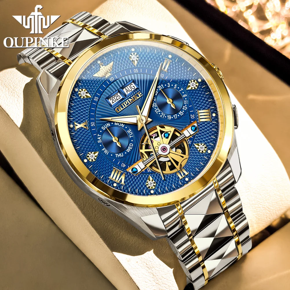

OUPINKE Men's Watches Business Fashion Tungsten Steel Original Automatic Mechanical Watch for Man Sapphire Mirror Flywheel 3270