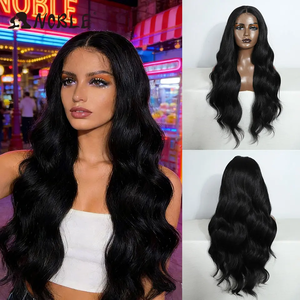 

Натуральный черный парик Noble 30 дюймов с синтетической кружевной передней частью, волнистый, термостойкий, без клея, для женщин, быстрая доставка