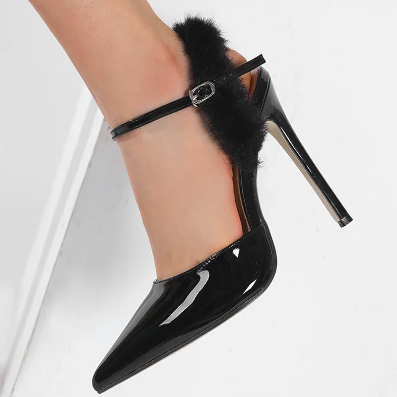 

Aneikeh Fashion Faux Fur Buckle Strap Women Pumps Pointed Toe Thin High Heels Banquet Slingback Party Shoes Chaussure Femme