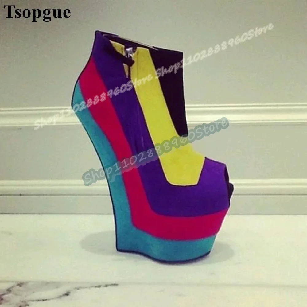 

Mixed Flock Platform Splicing Ankle Boots Strange Style Heel Women Shoes Side Zipper Peep Toe Casual Party Stylish Women Shoes