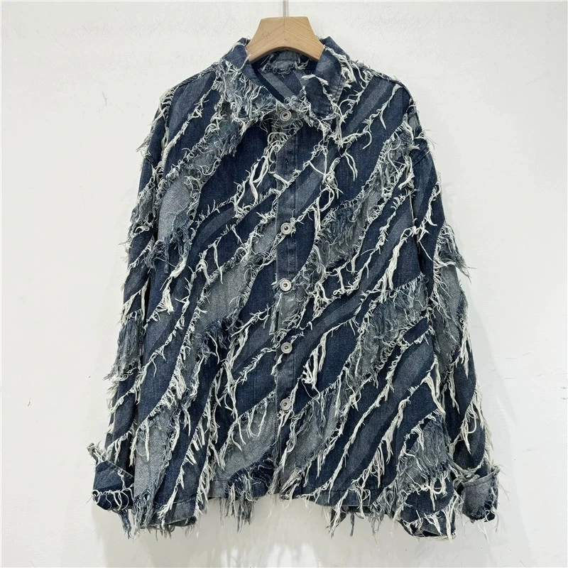 

Синяя джинсовая рубашка с потертыми заусенцами контрастного цвета в стиле пэчворк, женская свободная повседневная однобортная джинсовая куртка с длинными рукавами и лацканами