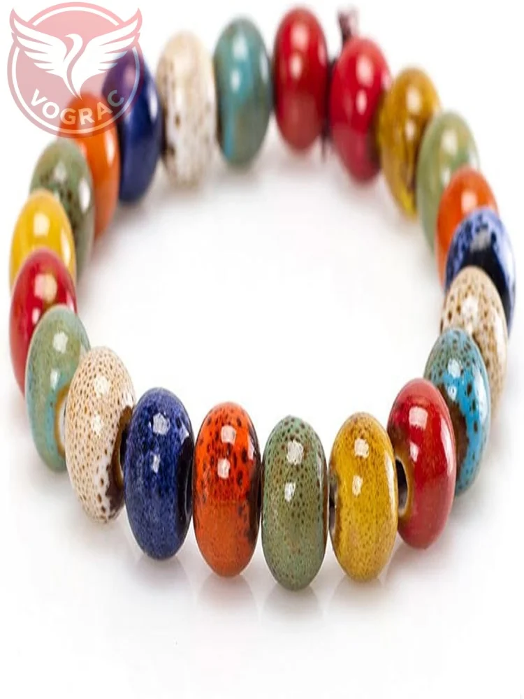 VOGRAC Colorful Ceramic Beads Strand Stretch Bracelet, Handmade ceramic bead bracelet,Shapes Elastic Hand Chain for Women