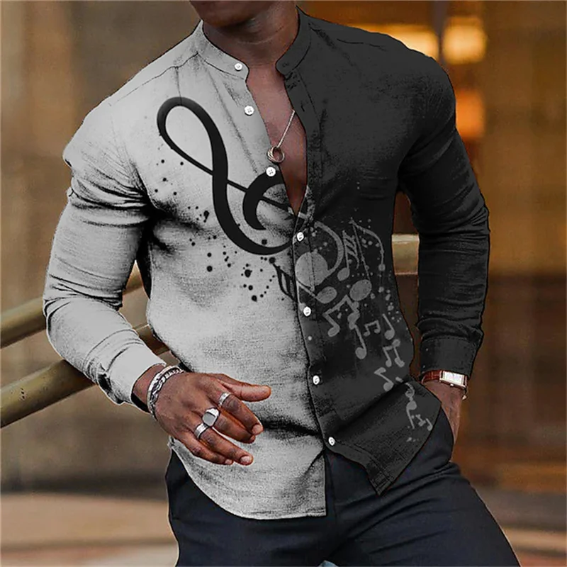 Luxury Hawaiian men\'s note shirt 3d printing two-color style long-sleeved shirt party shirt T-shirt stand-up shirt summer 2023