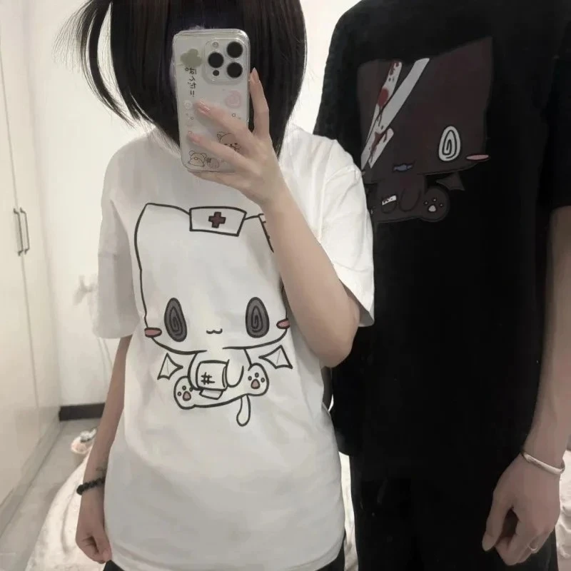 Camisetas con estampado de dibujos animados para mujer, camisetas divertidas de pareja dulce de manga corta con cuello redondo, camisetas holgadas Y2k Harajuku, camiseta informal para mujer