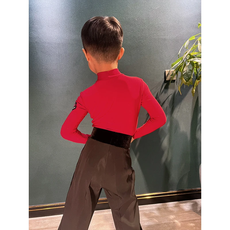 Kids Latin Dance Clothes Boys Red Long Sleeves Tops Black Competition Pants Cha Cha Ballroom Dance Training Dancewear DNV21108