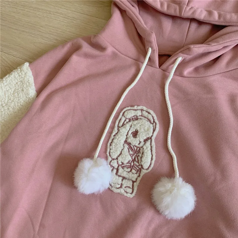 Spring Kawaii Lolita Women Hooded Sweatshirt Solid Lamb Embroidery Patchwork Fleece Long Sleeve Hoodies Pullover Velvet Moletom