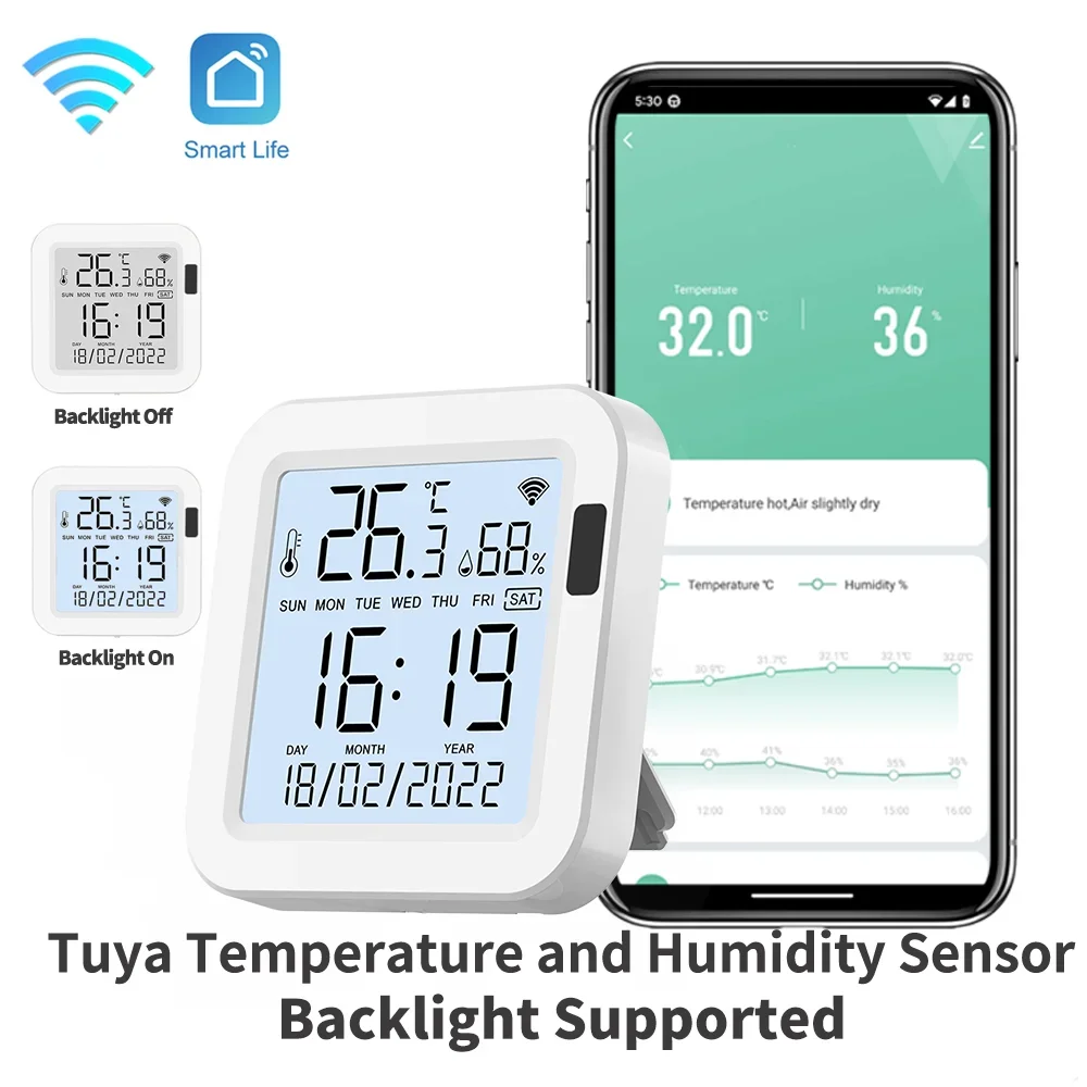 Sensor inteligente de temperatura y humedad con retroiluminación para el hogar, dispositivo con WiFi, compatible con Alexa y asistente de Google, Tuya, Var, SmartLife