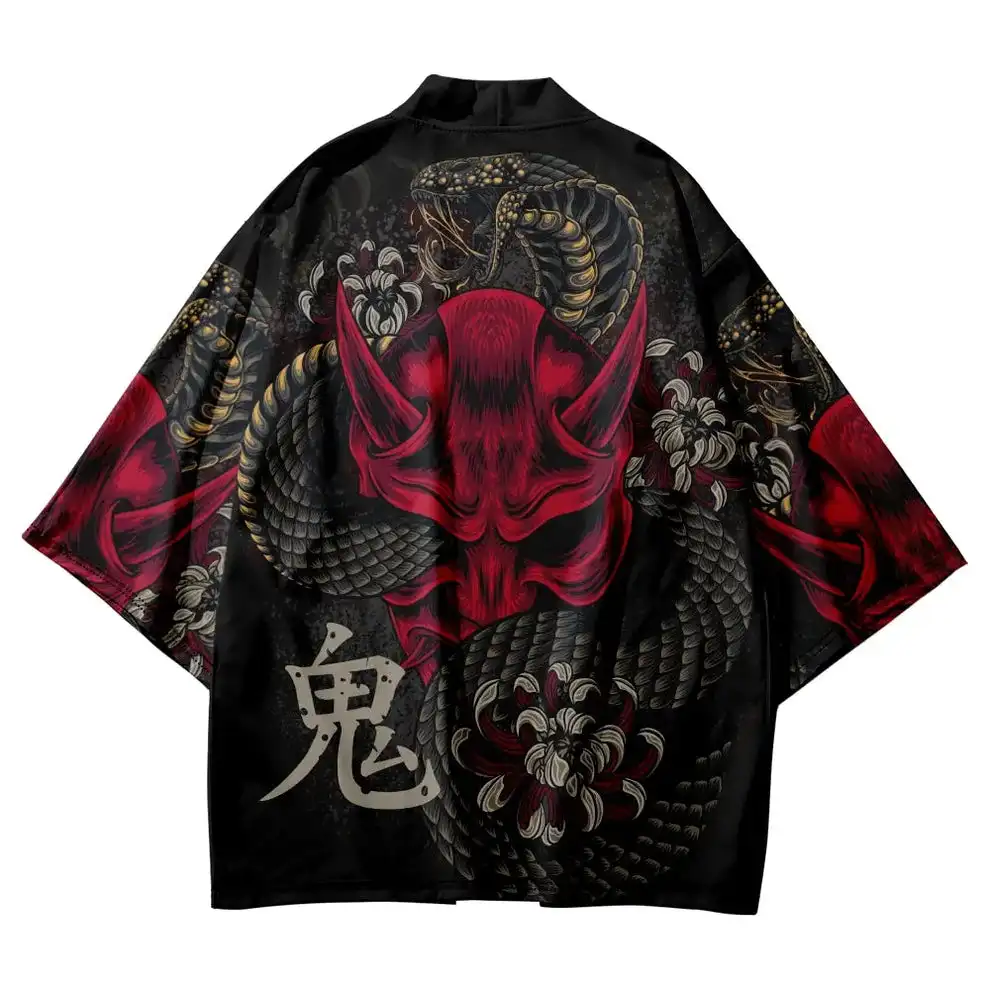 Red Oni Demon Cobra Haori Ethnic Style Flower Series Kimono Cloak Loose Seven-Sleeve Cardigan 3D Digital Printed Shirt