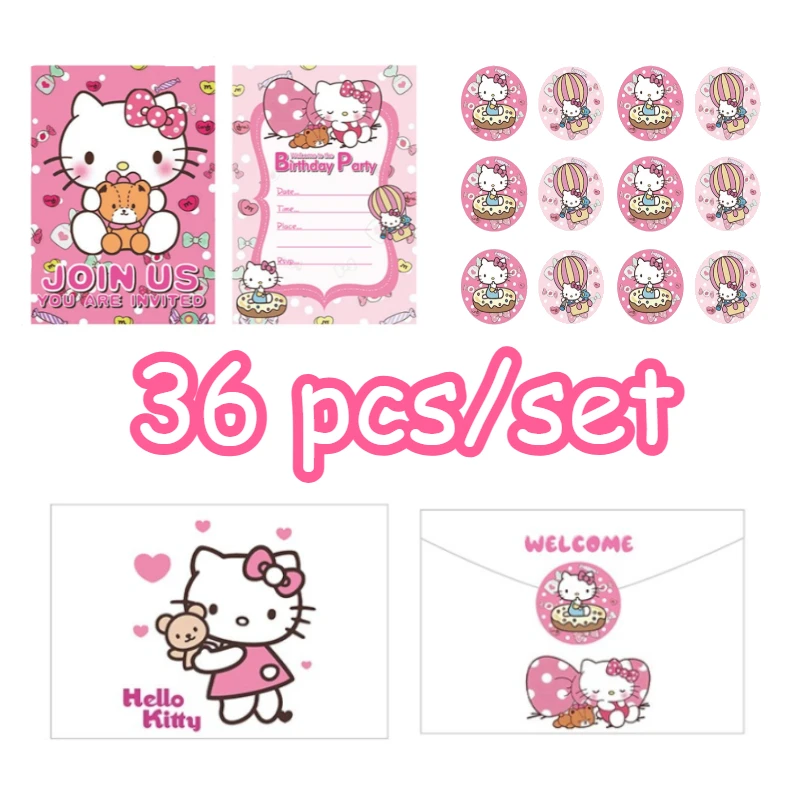36 قطعة/المجموعة/مجموعة بطاقة دعوة ذات طابع هالو كيتي باللون الوردي ومغلف ومجموعة ملصقات لحفلات أعياد ميلاد الفتيات #1